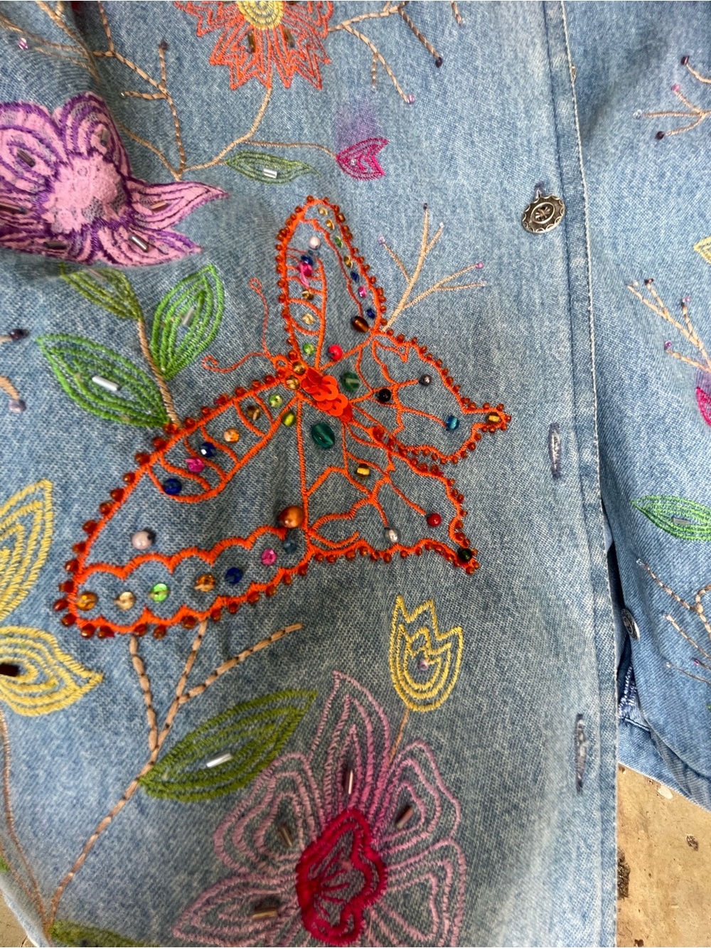 Tantrums Light Denim Jacket with Floral & Butterfly Embroidery, Beading, Sequins - Picture 4 of 6